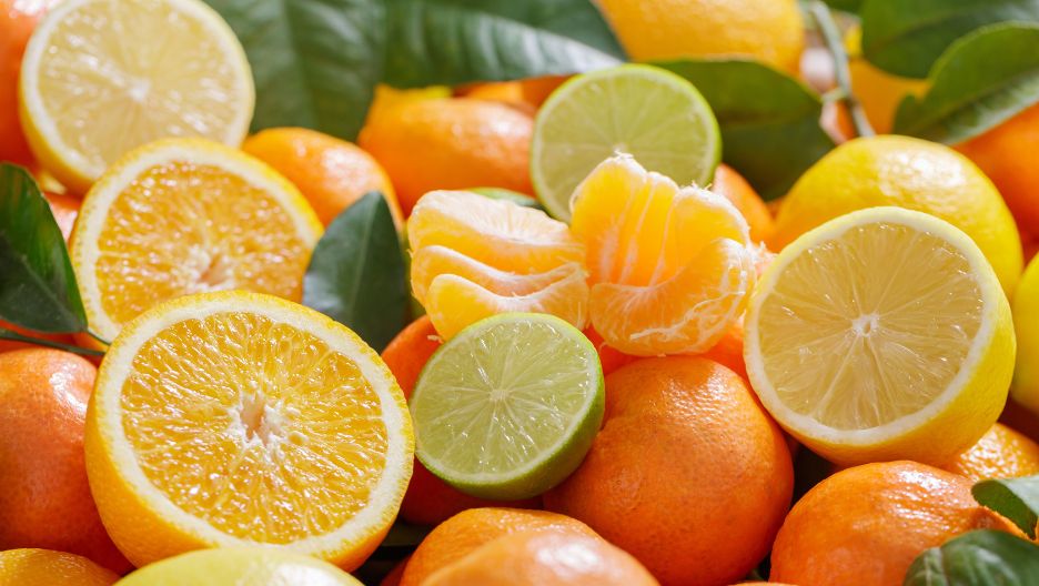 A close-up image of various citrus fruits, including whole and sliced oranges, lemons, and limes.